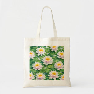 Pink Water Lily Pond Watercolor Botanical Pattern Tote Bag