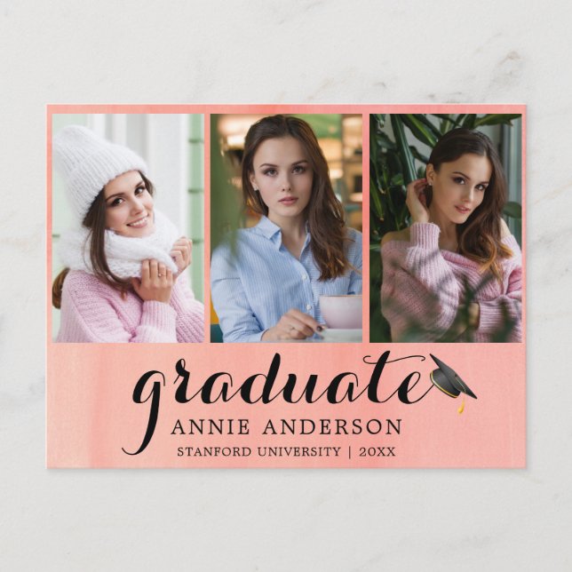 Pink Watercolor 3 Photo Graduation Invitation Postcard (Front)