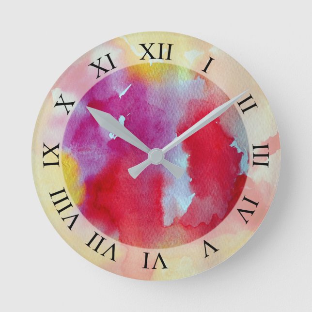 Pink Watercolor Abstract Art Round Clock (Front)