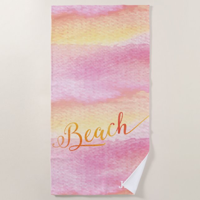 Pink Watercolor Abstract  Beach Monogram Towel (Front)