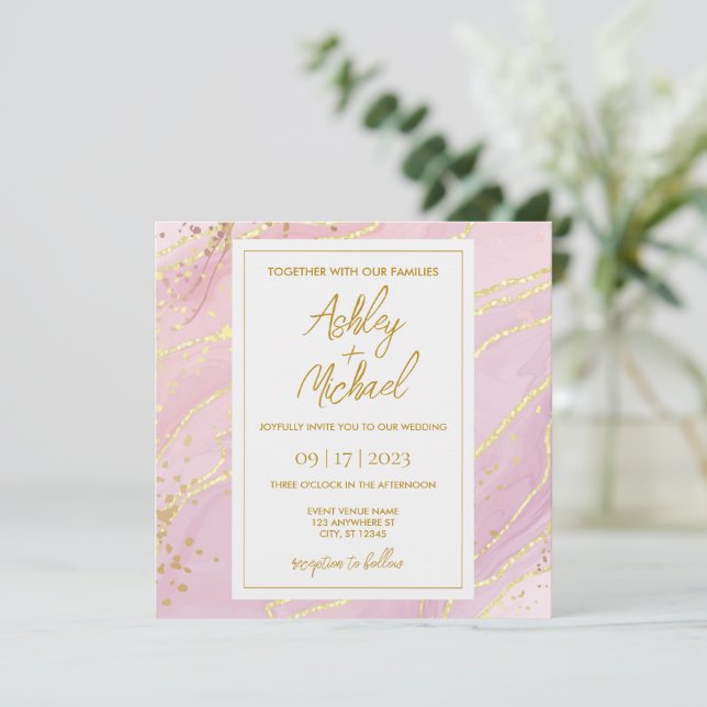 Pink Watercolor Abstract Marble Wedding Invitation (Standing Front)
