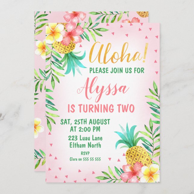 Pink Watercolor Aloha Luau Birthday Invitation (Front/Back)