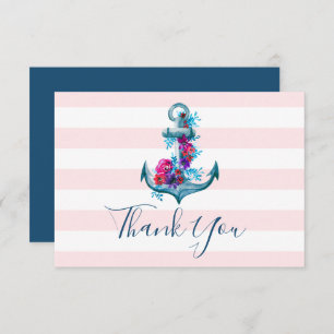 Pink Watercolor Anchor Wedding Thank You  Card