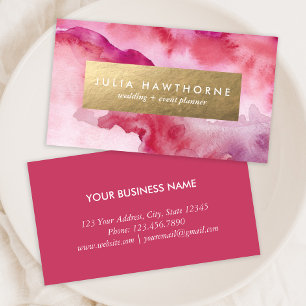 Pink Watercolor and Gold Faux Foil Business Card