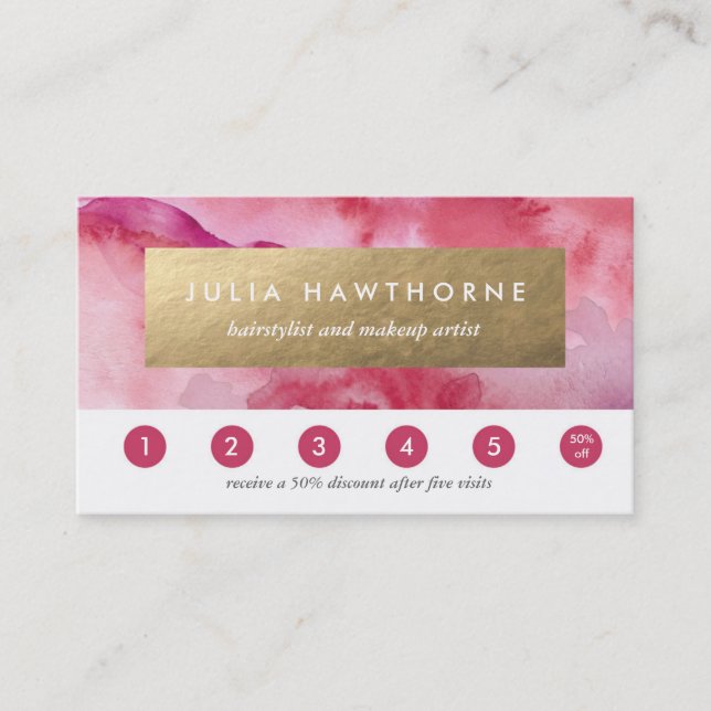 Pink Watercolor and Gold Faux Foil Loyalty Card (Front)
