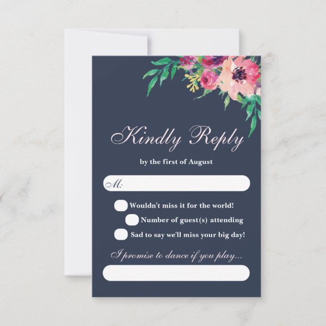 Pink Watercolor and Navy Floral Wedding RSVP Card (Front)