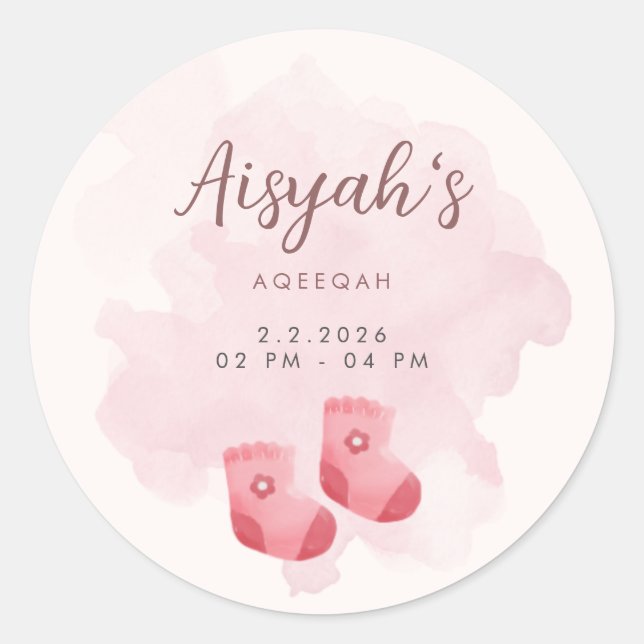 Pink Watercolor Baby Girl Aqiqah Favor Sticker (Front)