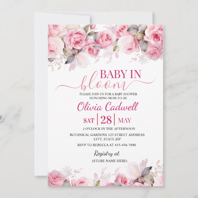 Pink Watercolor Baby In Bloom Baby Shower  Invitat Invitation (Front)