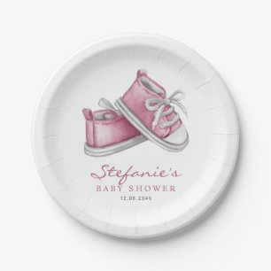 Pink Watercolor Baby Shoes It's a Girl Baby Shower Paper Plate