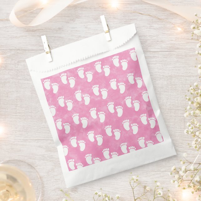 Pink Watercolor Baby Shower Footprint Pattern Favour Bags (Clipped)
