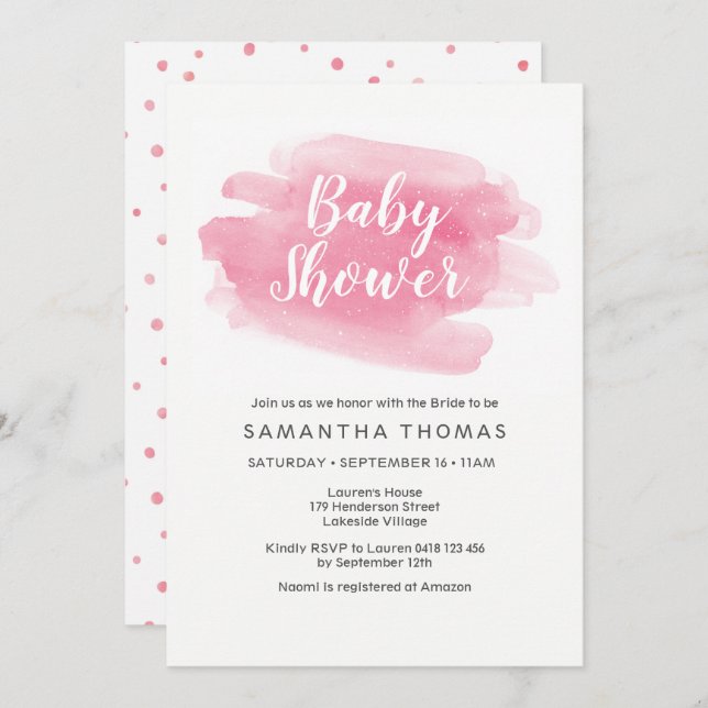 Pink Watercolor Baby Shower Invitation (Front/Back)