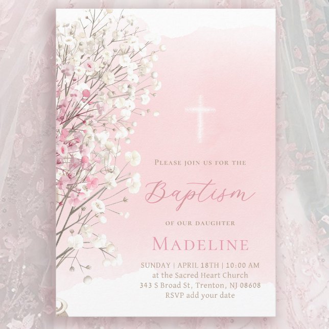 pink watercolor baby's breath | Baptism baby girl  Invitation (Creator Uploaded)