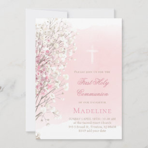 pink watercolor baby's breath First Communion Invitation
