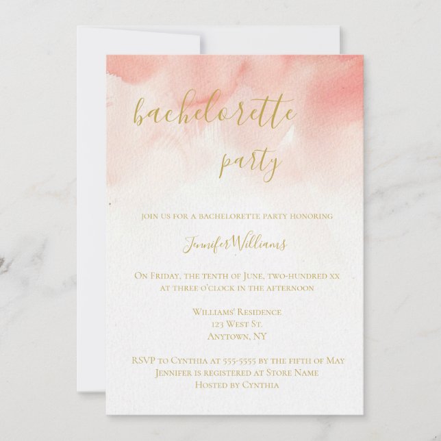 Pink watercolor bachelorette party invitations (Front)