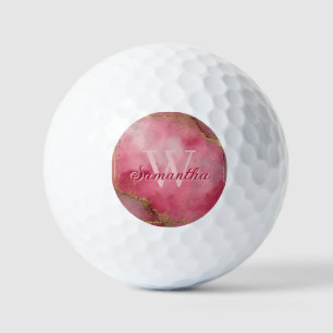 Pink Watercolor Background with Gold Glitter Golf Balls