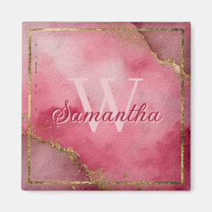 Pink Watercolor Background with Gold Glitter Magnet