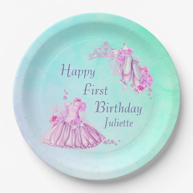 Pink Watercolor Ballet Princess Birthday Paper Plate (Front)