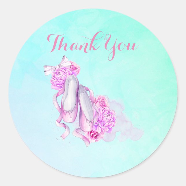 Pink Watercolor Ballet Shoes Thank You Classic Round Sticker (Front)