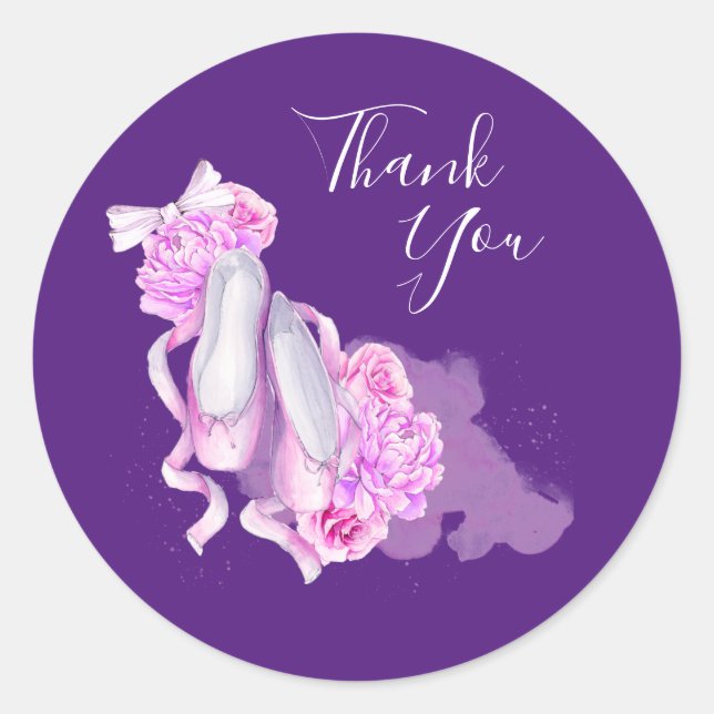 Pink Watercolor Ballet Shoes Thank You Classic Round Sticker (Front)