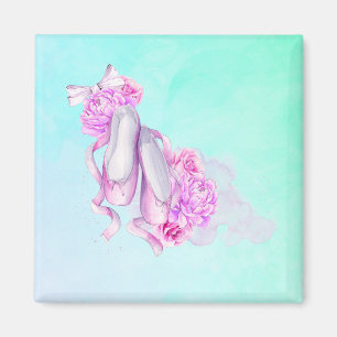 Pink Watercolor Ballet Shoes with Peonies and Bow Magnet