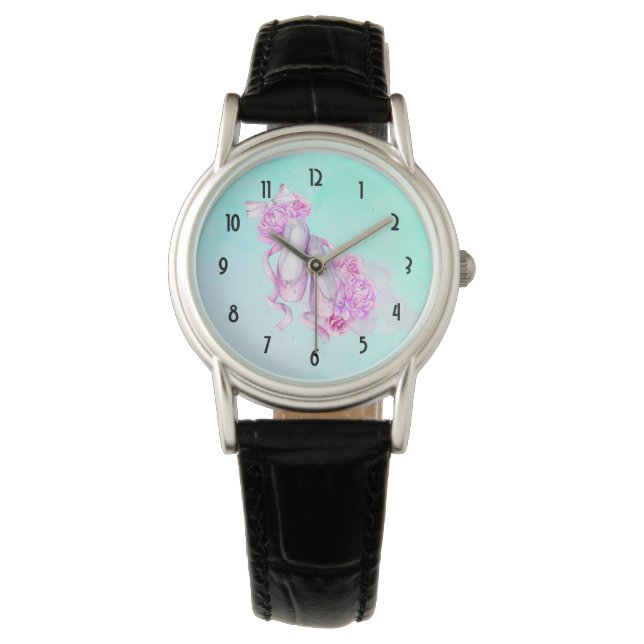 Pink Watercolor Ballet Shoes with Peonies and Bow Watch (Front)