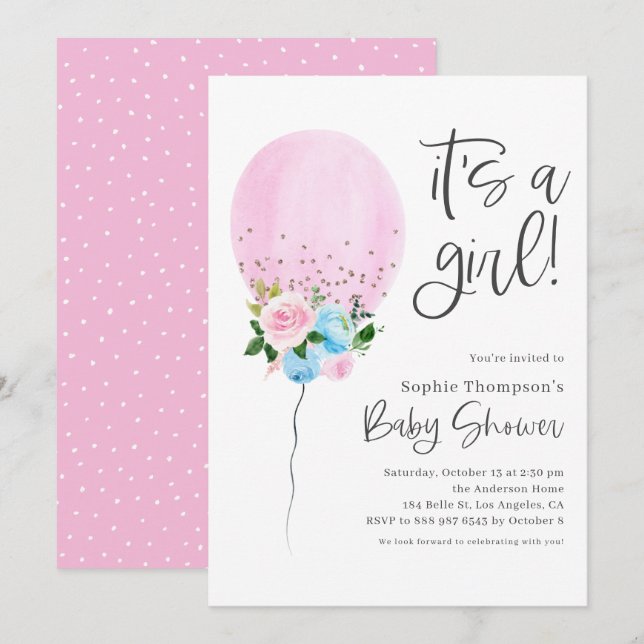 Pink Watercolor Ballon It's a Girl Baby Shower Invitation (Front/Back)