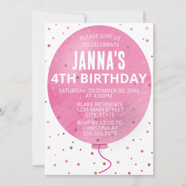 Pink Watercolor Balloon Birthday Party Invitation (Front)