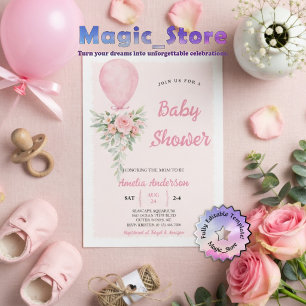 Pink Watercolor Balloon Floral Elegance BB Shower Invitation