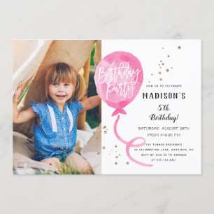 Pink Watercolor Balloon Gold Confetti Birthday Invitation