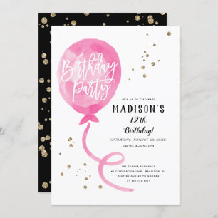 Pink Watercolor Balloon Gold Confetti Birthday Invitation