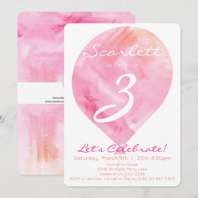 Pink Watercolor Balloon Little Girl Birthday Invitation (Front/Back)