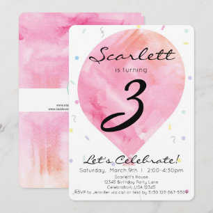 Pink Watercolor Balloon Little Girl Birthday Invitation