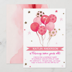 Pink Watercolor Balloons Girl 7th Birthday Party Invitation