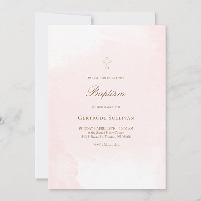 pink watercolor Baptism Invitation (Front)