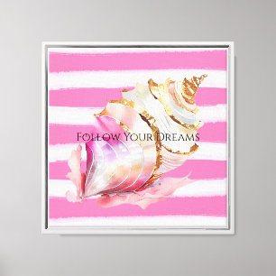Pink Watercolor Beach Stripes Gold Shell Canvas Print