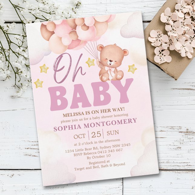 Pink Watercolor Bear Baby Shower Girl Invitation (Creator Uploaded)