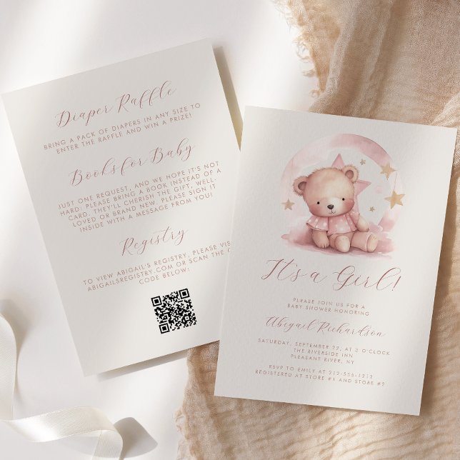 Pink Watercolor Bear Girl QR Code Baby Shower Invitation (Creator Uploaded)
