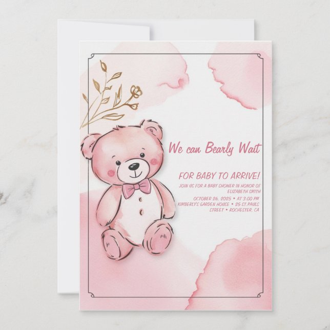 Pink watercolor bear invitation (Front)