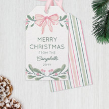 Pink Watercolor Berries Bow Merry Christmas