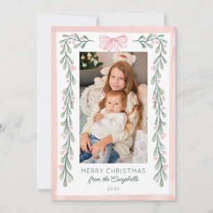 Pink Watercolor Berries & Bow Merry Christmas Holiday Card
