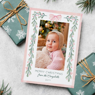 Pink Watercolor Berries Bow Photo Merry Christmas Holiday Card