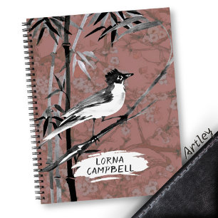 Pink Watercolor Bird Bamboo Custom Name Notebook