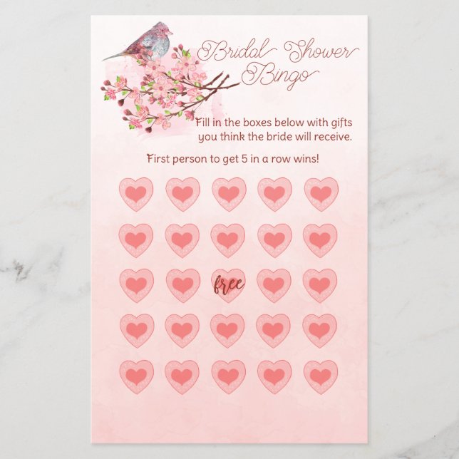 Pink Watercolor Bird Cherry Blossoms Bridal Bingo Flyer (Front)