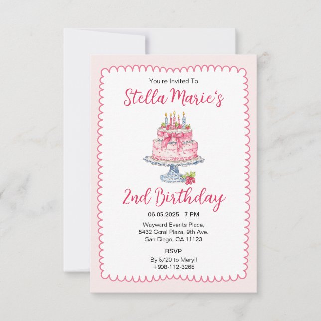 Pink Watercolor Birthday Cake Party Invitation (Front)