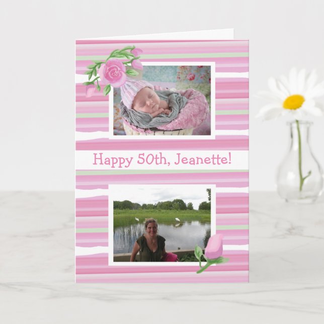 Pink Watercolor Birthday Now and Then Photos Card (Small Plant)
