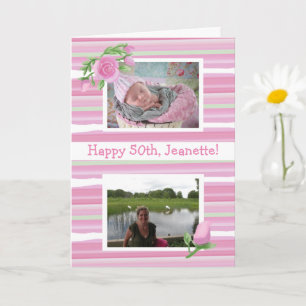 Pink Watercolor Birthday Now and Then Photos Card