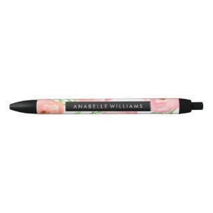 Pink Watercolor Blooms Black Ink Pen