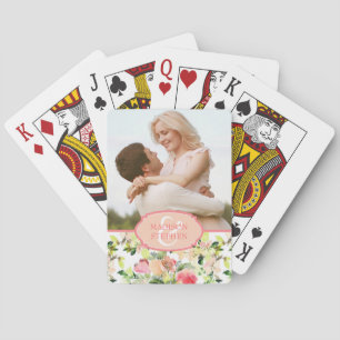 Pink Watercolor Blossom Pattern - Wedding Photo Playing Cards