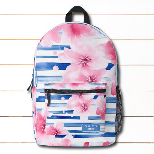 Pink Watercolor Blossoms Floral Personalised Name Printed Backpack