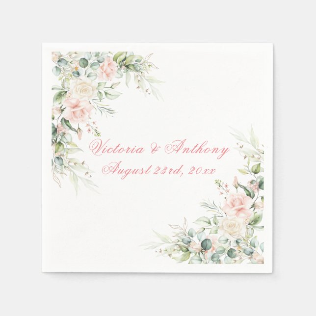 Pink Watercolor Blush Floral Wedding Napkin (Front)